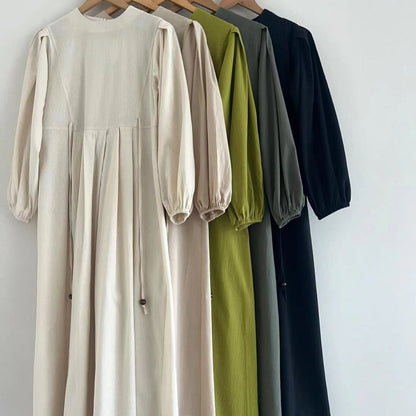 Tie-Waist Bubble Sleeve Abaya | Pleated Maxi Dress Abaya with Back Zip (MA364)