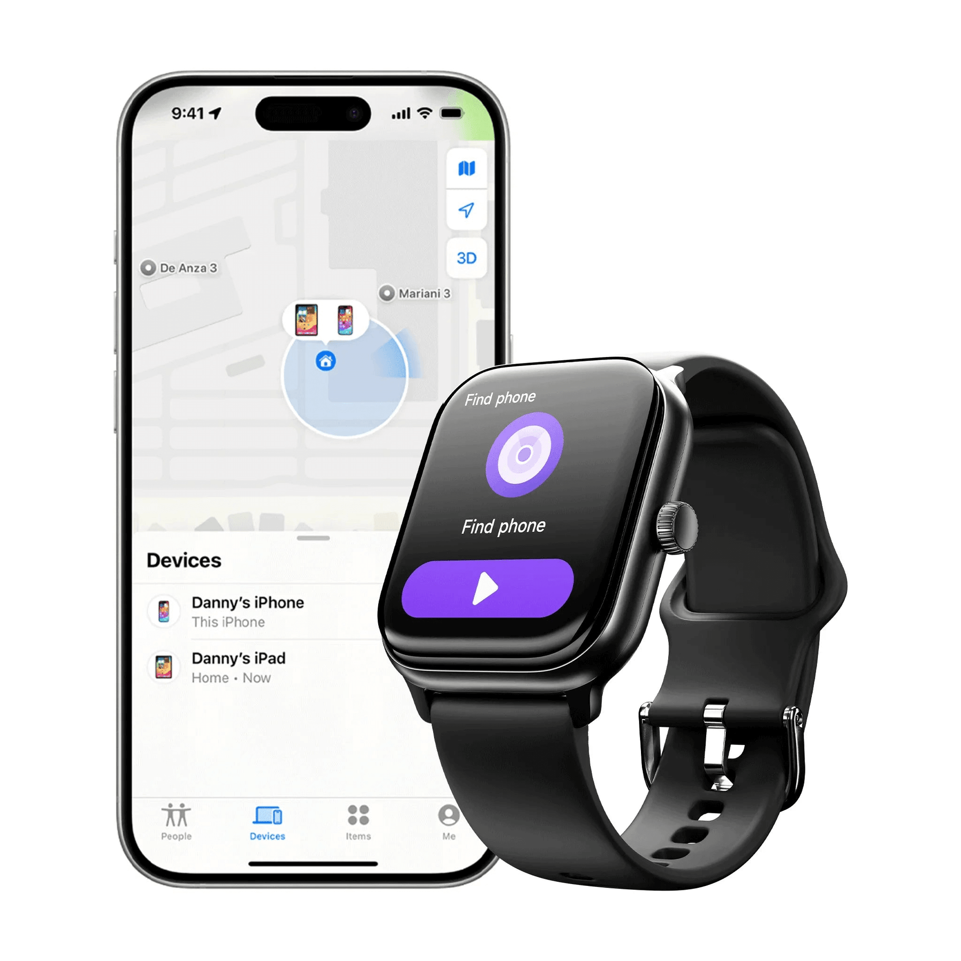 Tempo smartwatch with Bluetooth calling in midnight black by Tinymoose USA, displaying a sleek digital watch face.