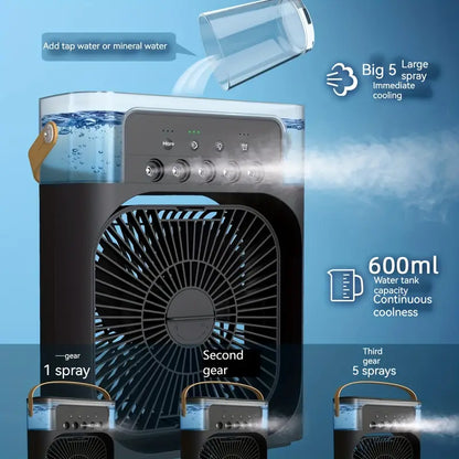 White TM portable humidifier fan and air conditioner, compact household air cooler with adjustable settings.