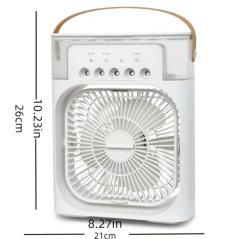 White TM portable humidifier fan air conditioner, small household air cooler with adjustable settings and compact design.