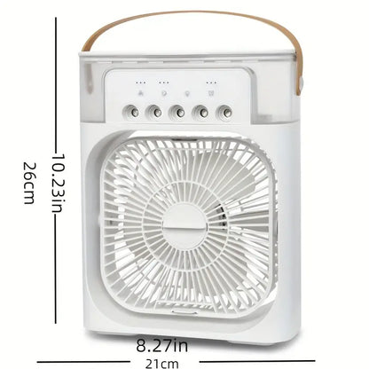 White TM portable humidifier fan air conditioner, small household air cooler with adjustable settings and compact design.