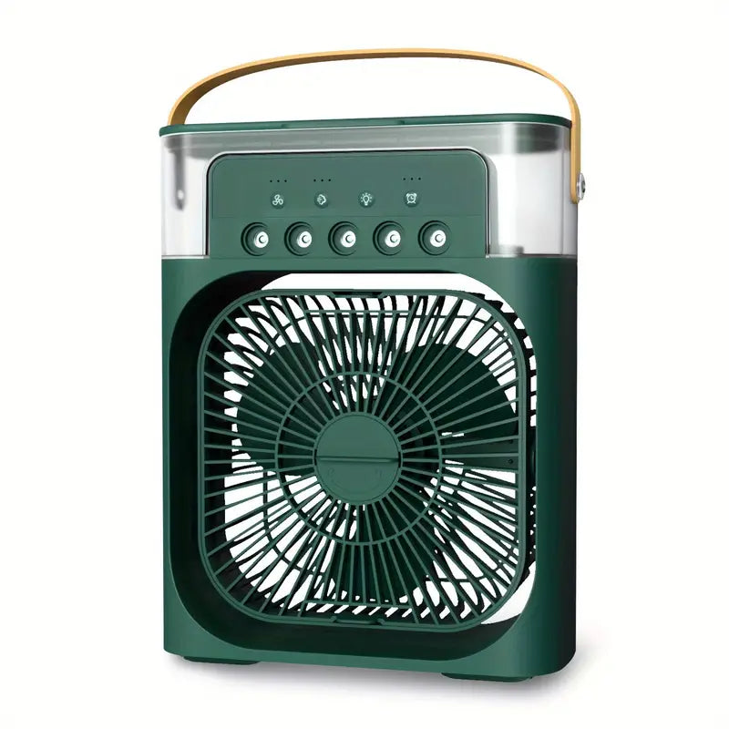White TM portable humidifier fan and air conditioner, small household air cooler with misting and cooling features.