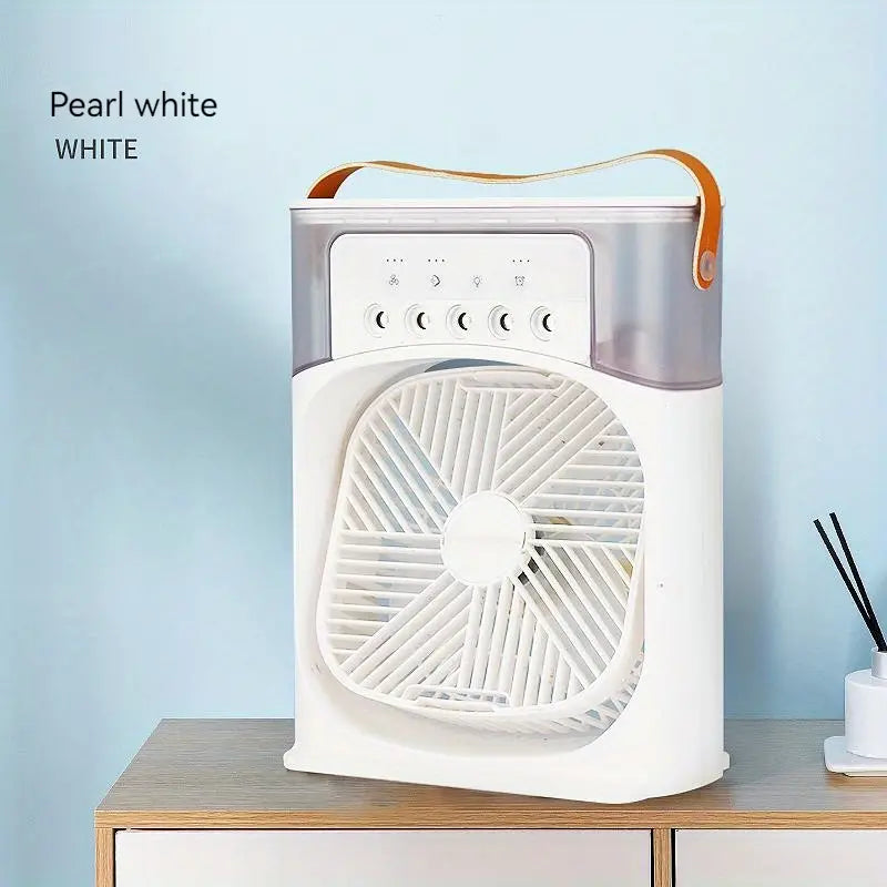 White portable TM humidifier fan and air conditioner, compact household air cooler with built-in humidifier for cooling and air quality.