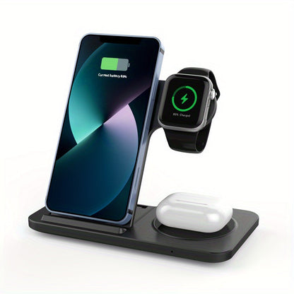 TM 3-in-1 fast wireless charger for iPhone and Apple devices, showing a sleek black charging station with multiple device pads.