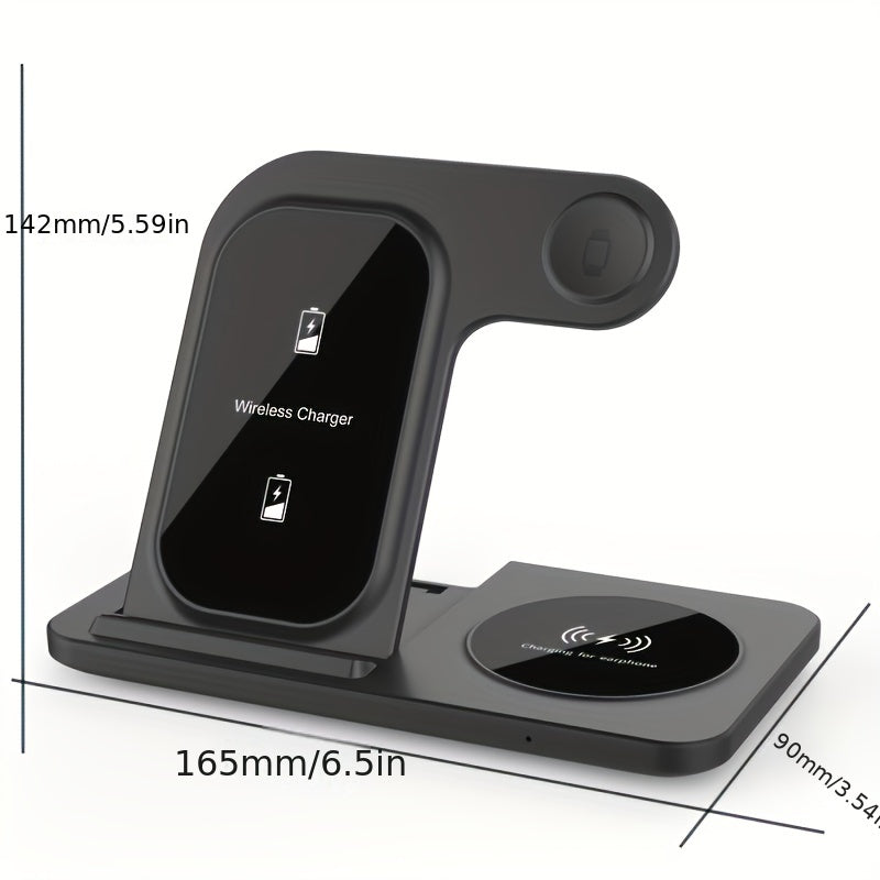 TM 3-in-1 fast wireless charger for iPhone and Apple devices, showing charging pads and sleek design in an electronics setting.