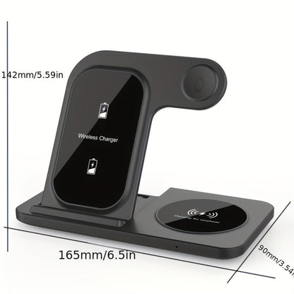 TM 3-in-1 fast wireless charger for iPhone and Apple devices, showing charging pads and sleek design in an electronics setting.