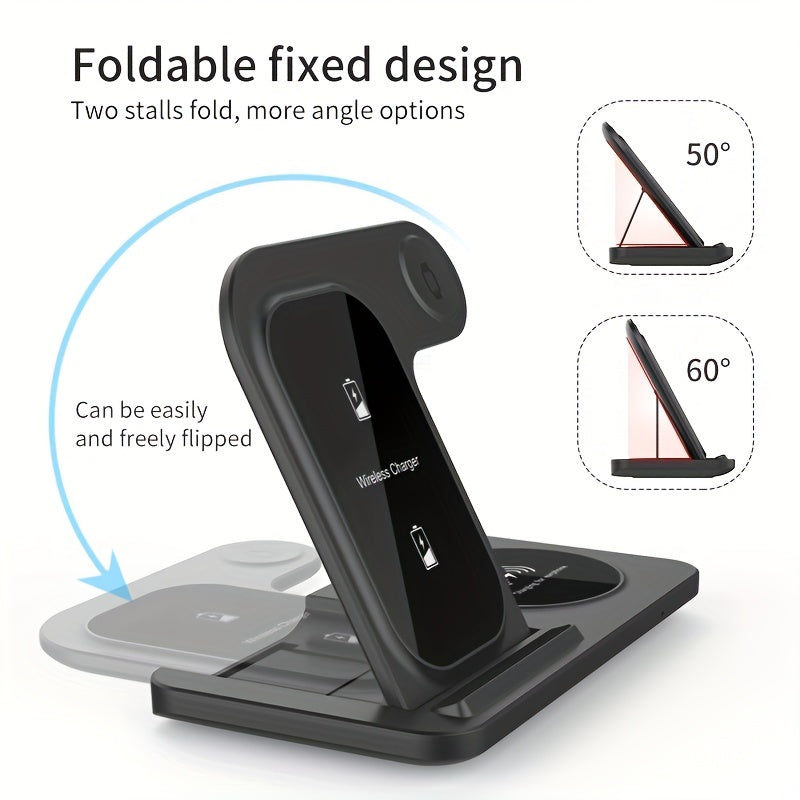 TM 3-in-1 fast wireless charger for iPhone and Apple devices, showing the compact charging station with multiple device placements