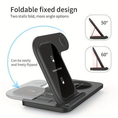 TM 3-in-1 fast wireless charger for iPhone and Apple devices, showing the compact charging station with multiple device placements