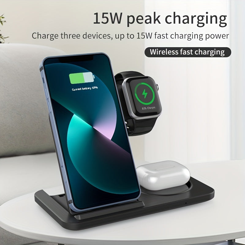 TM 3-in-1 Fast Wireless Charger for iPhone and Apple devices, showing a sleek black charging pad with device placement areas.
