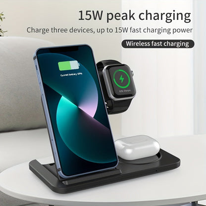 TM 3-in-1 Fast Wireless Charger for iPhone and Apple devices, showing a sleek black charging pad with device placement areas.