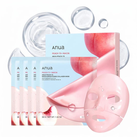 TrendDora Anua Peach Mask pack with four sheet masks featuring peach extract for nourishing and hydrating skin.