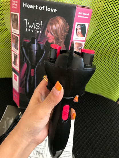 USB electric automatic hair braider and twister tool by TrendDora, showing the compact device with adjustable settings and braided hair.
