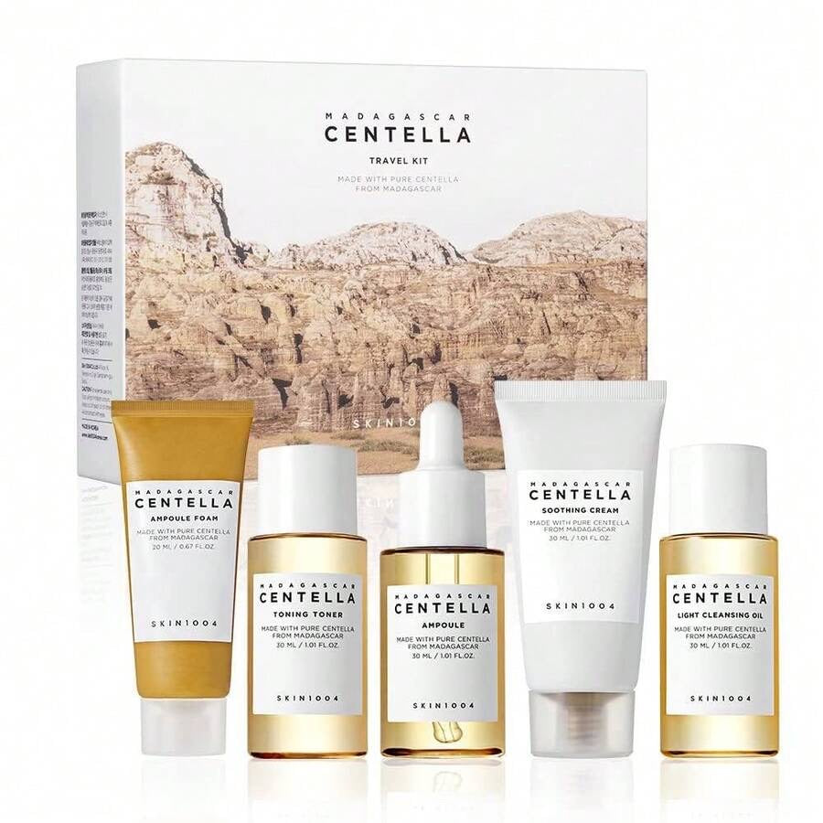 SKIN1004 Centella Travel Kit by TrendDora featuring small skincare bottles and containers in a compact travel bag.