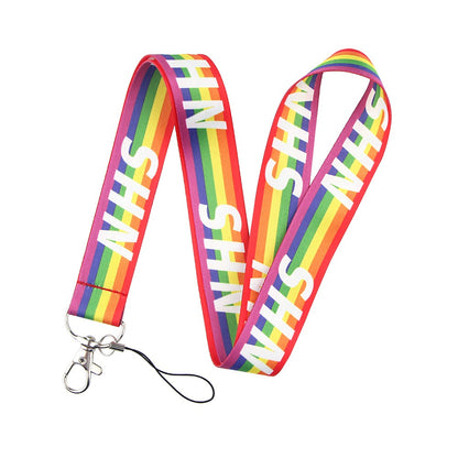 Multicolor gay mobile phone lanyard made of polyester ribbon by TrendDora, featuring vibrant rainbow design for stylish accessorizing.