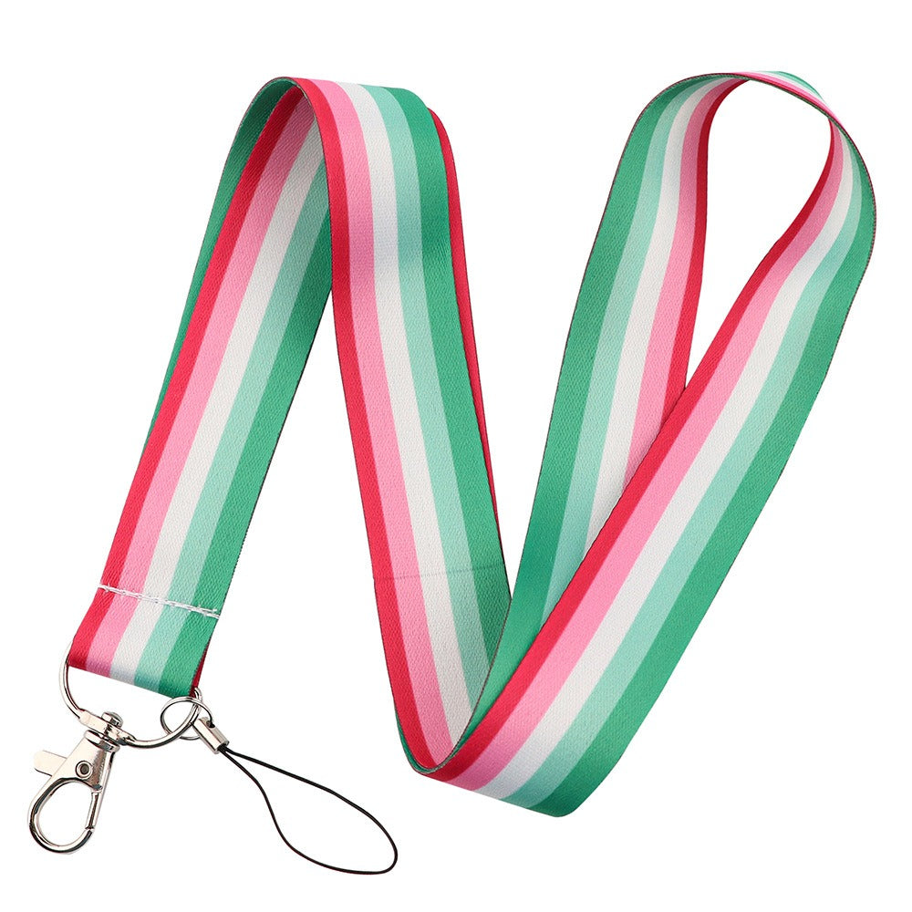 Colorful TrendDora gay mobile phone lanyard made of polyester ribbon, featuring vibrant multi-color design and secure clip attachment.