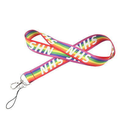 Multi-color gay mobile phone lanyard made of polyester ribbon by TrendDora, featuring vibrant design and key branding details.