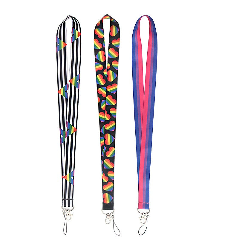 Multi-color gay mobile phone lanyard made of polyester ribbon by TrendDora, featuring vibrant, decorative design for easy phone access.