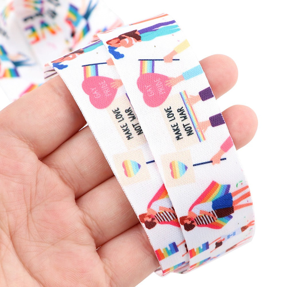 Multi-color gay-themed mobile phone lanyard made of polyester ribbon by TrendDora, featuring vibrant, decorative design.