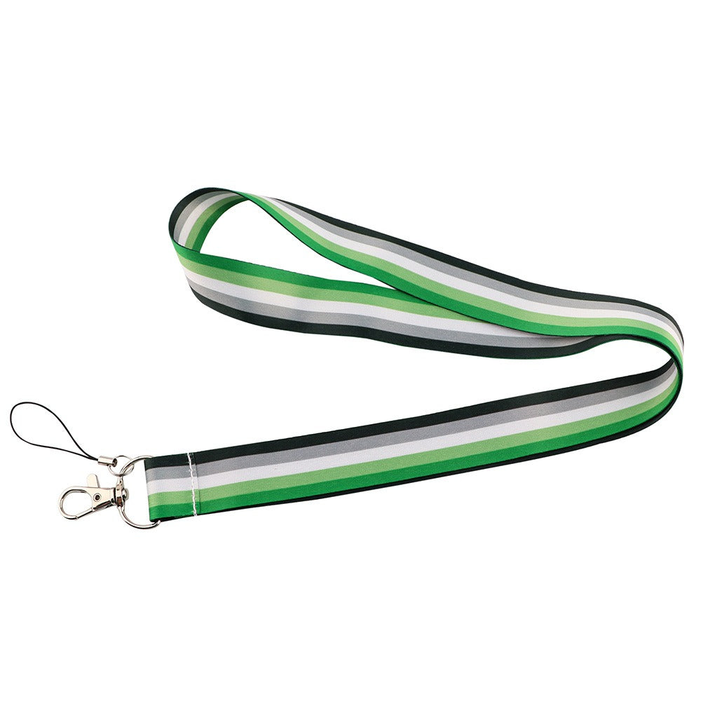 Multi-color polyester ribbon gay mobile phone lanyard by TrendDora, featuring vibrant rainbow design and secure clip.