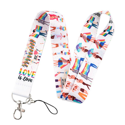 Multi-color polyester ribbon gay mobile phone lanyard by TrendDora, featuring vibrant design and secure attachment point.