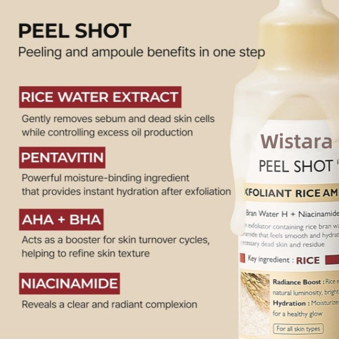 TrendDora Rice Moisturizing Exfoliating Liquid in a clear bottle with a pump, showing its light, milky texture and branding.