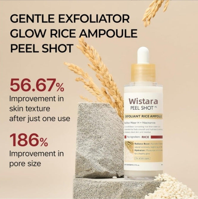 TrendDora Rice Moisturizing Exfoliating Liquid in a clear bottle, showing its light, milky texture and rice extract ingredients.
