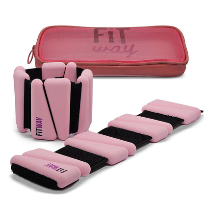 Pink silicone adjustable ankle weights and wrist weights for women and men, suitable for yoga, dance, and Pilates exercises.
