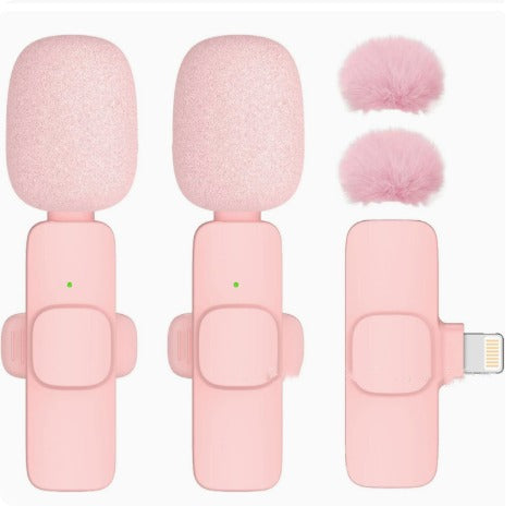 TrendDora K1K9 wireless noise reduction microphone with pink double wheat flat fruit design, shown with the product in the image.