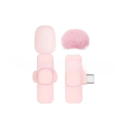 TrendDora K1K9 wireless noise reduction microphone with pink wheat and fruit-themed design, perfect for clear audio recording.