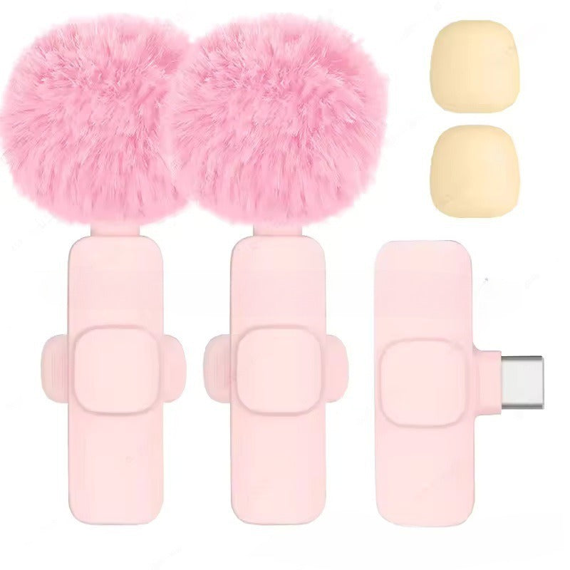 Pink TrendDora K1K9 wireless noise reduction microphone with a flat wheat and fruit design, suitable for clear audio recording.