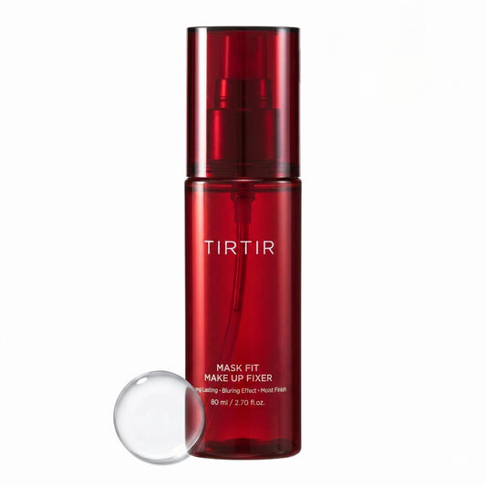 TIRTIR Mask Fit Make-up Fixer in 80ml bottle, featuring a sleek design with a clear cap and branding label.