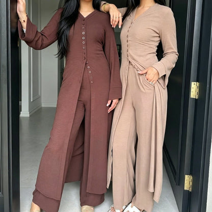 V-Neck Button-Through Longline Cardigan & Wide-Leg Trouser Set(MS470)