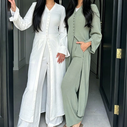 V-Neck Button-Through Longline Cardigan & Wide-Leg Trouser Set(MS470)