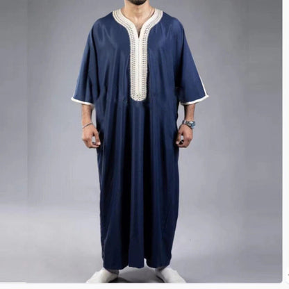V-Neck Geometric Stitching Embroidered Medium Short Sleeve Muslim Robe Thobe (MT030)