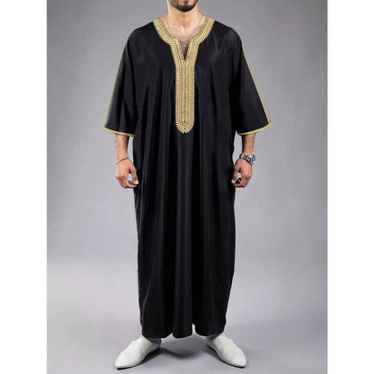 V-Neck Geometric Stitching Embroidered Medium Short Sleeve Muslim Robe Thobe (MT030)