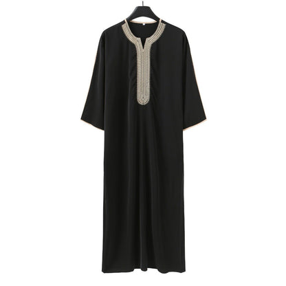 V-Neck Geometric Stitching Embroidered Medium Short Sleeve Muslim Robe Thobe (MT030)