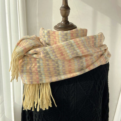 Vibrant Plaid Scarf Faux Wool Warm Shawl with Fringe (MAC334)