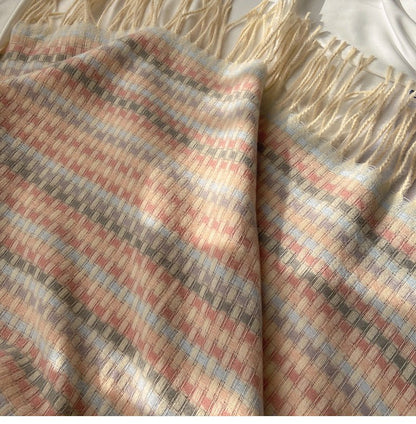 Vibrant Plaid Scarf Faux Wool Warm Shawl with Fringe (MAC334)