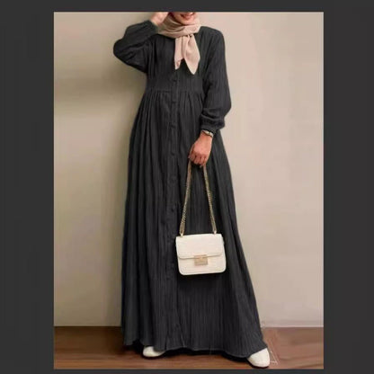 Vintage Button-Front Abaya Dress | Long Sleeve Modest Robe (MA256)
