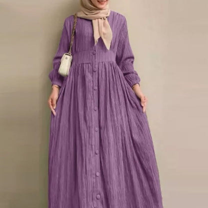 Vintage Button-Front Abaya Dress | Long Sleeve Modest Robe (MA256)