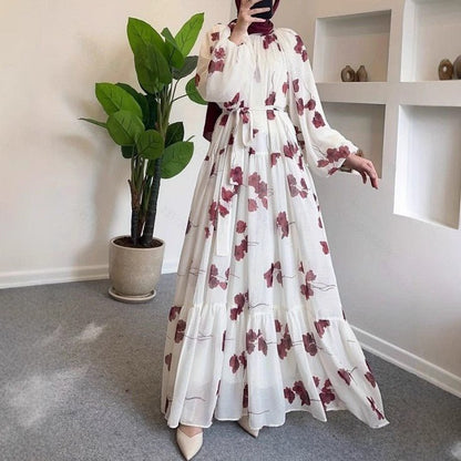 Watercolor Floral Maxi Dress | Long Sleeve Belted Tiered Dress(MS273)