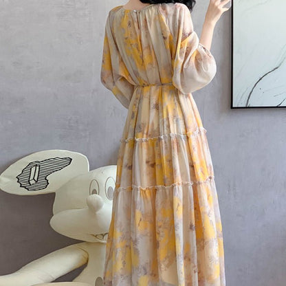 Watercolor Print Chiffon Maxi Dress | Long Sleeve Tiered Dress(MS270)