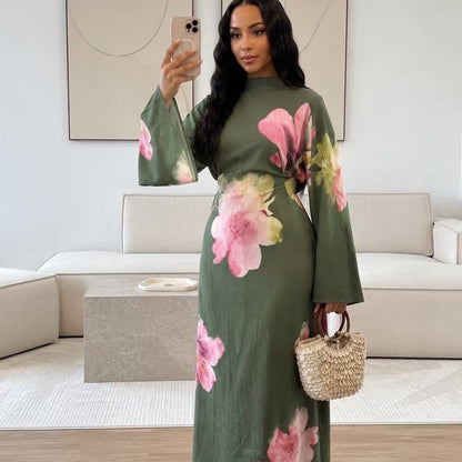 Watercolour Floral Washed-Crinkle Wide-Sleeve Maxi Dress(MS473)