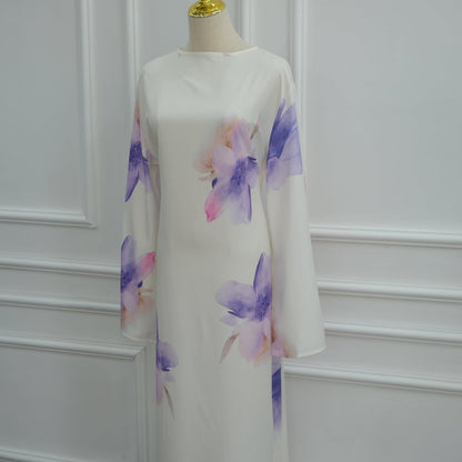 Watercolour Floral Washed-Crinkle Wide-Sleeve Maxi Dress(MS473)