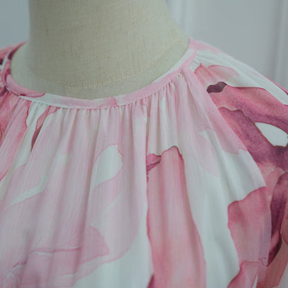 Watercolour Print Double-Layer Flared-Sleeve Maxi Dress(MS479)