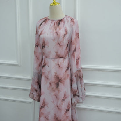 Watercolour Print Double-Layer Flared-Sleeve Maxi Dress(MS479)