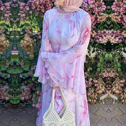 Watercolour Print Double-Layer Flared-Sleeve Maxi Dress(MS479)