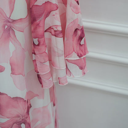 Watercolour Print Double-Layer Flared-Sleeve Maxi Dress(MS479)