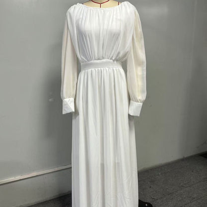 White Chiffon Princess Dress Abaya with Lantern Sleeves | Elegant Spring Fairy Swing French Court-Style Abaya (MA180)