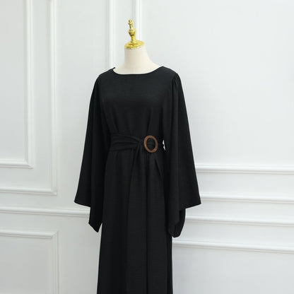 Wide Sleeve Textured Twill Blend Abaya with Belt(MA333)